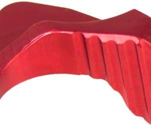 Red anodized curved metal lever with grooved grip and a hook-like end, shown from the side. It appears to be a handheld tool component or trigger-style lever.