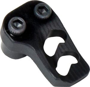 Black metal mounting bracket with two screws and two rounded cutouts/slots