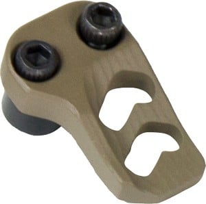 Beige metal clamp with two black screws and two rounded slots, likely a mounting bracket piece.