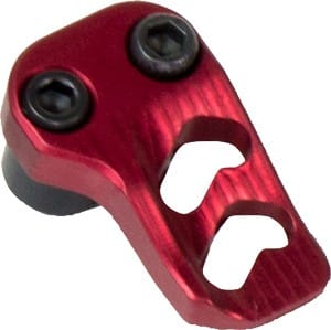 Red anodized aluminum clamp with two black screws and two large oval holes, likely a bicycle mounting bracket.