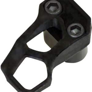 Black plastic mounting clamp with two hex screws and a rounded post, likely used to secure a small accessory to a rail or tubing.