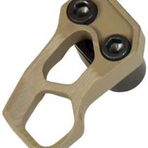 Beige metal mounting clamp with two black screws and open slot shapes, a small hardware adapter component.