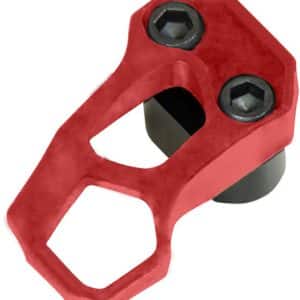 Red metal clamp-like component with two hex socket screws on a white background, close-up view.