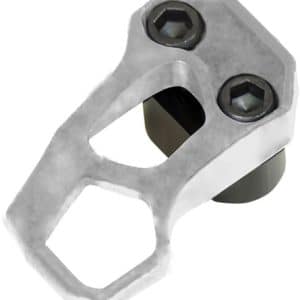 Silver metal clamp/bracket with two hex socket screws and a curved cutout, photographed from above.