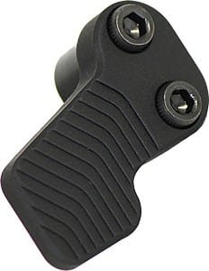 Black plastic clamp with two hex screws and ridged grip, a mounting accessory piece