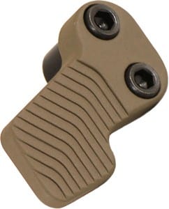 Tan ergonomic grip with a ridged texture and two screws, likely a firearm foregrip accessory.