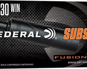 Federal Subsonic Fusion 30-30 Win rifle ammunition box, 170 grain, 20 rounds, Made in USA.