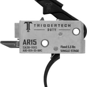 TriggerTech AR-15 duty drop-in trigger with a black selector lever and 5.5 lb single-stage pull.