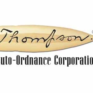 Logo for Thompson Auto-Ordnance Corporation: a wood-toned, bullet-shaped banner with 'Thompson' in script and 'Auto-Ordnance Corporation' below.