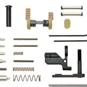 Assorted small hardware pieces and tools spread out: pins, springs, two long rods, hex wrenches, and a black clamp.
