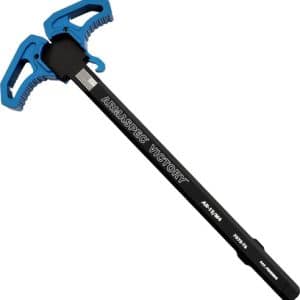 Ice axe with a blue head and black shaft used for ice climbing, featuring a curved pick and grip.