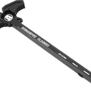 Black ice axe with curved pick and wide adze at the head, long shaft for mountaineering use.