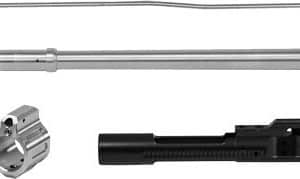 Assortment of rifle parts: a long barrel segment, a scope mount ring, and a black rifle scope lying on a white surface.