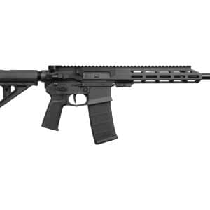 Side view of a black tactical rifle with adjustable stock, pistol grip, and long quad-rail forearm.
