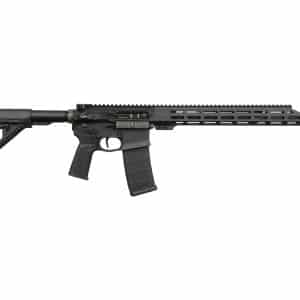 Black semi-automatic rifle shown in side view with collapsible stock, pistol grip, and long Picatinny handguard with a magazined magazine inserted