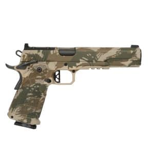 Camouflage-pattern semi-automatic pistol shown in side profile from the right.