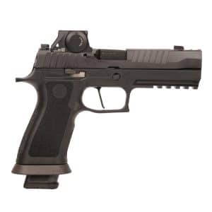 Side view of a black semi-automatic pistol with a textured grip and visible slide, set against a white background.