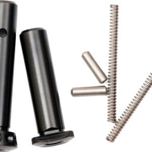 Assorted metal fasteners: two black cylindrical components with bases, plus coiled springs and small metal pins.