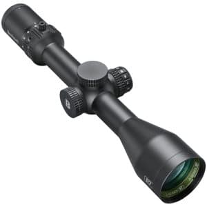 Black rifle scope with adjustable turrets and a large objective lens, matte finish for long-range aiming
