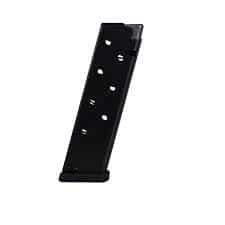 Black pistol magazine shown diagonally with round-count holes visible on the side.