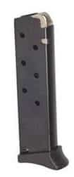Detachable pistol magazine with witness holes and a curved base plate, viewed at a slight angle.