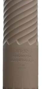 Brown insulated travel mug with a black screw-on lid and diagonal geometric ridges for grip