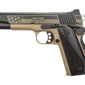 Semi-automatic pistol with tan grip and black slide engraved with stars and a 'Boot Campaign' motif on the slide edge