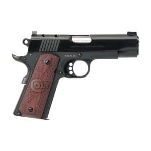 Side profile of a semi-automatic pistol with a black slide and brown textured grip.