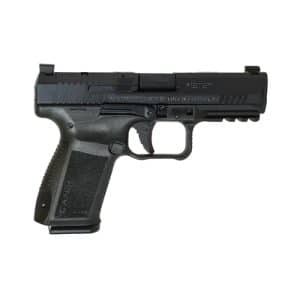 Side view of a black semi-automatic handgun with textured grip and accessory rail on the frame.