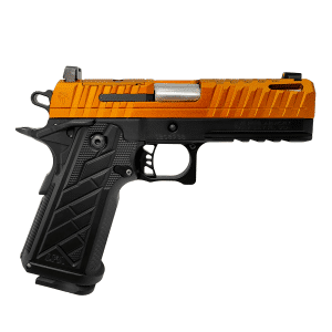 Side view of a semi-automatic pistol with an orange slide and black grip.