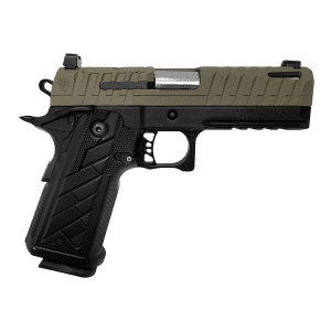 Black and tan semi-automatic pistol shown in profile with textured grip and rail on the underside of the frame.