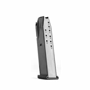 Stainless steel pistol magazine with 10-round capacity standing upright on a white background.