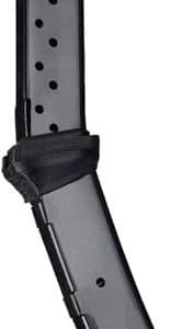 Detachable pistol magazine with perforated body and a red emblem on the base plate