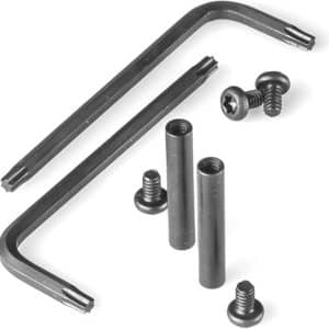 Two L-shaped hex keys with assorted screws and cylindrical spacers for assembly, on a white background.