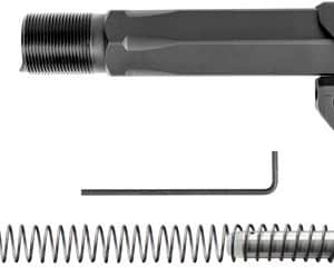 Set of firearm components laid out: a long gray rifle part with a handle, a coil spring, a small hex/Allen key, a circular detent ring, and a threaded piece or rod along with a small retaining ring.