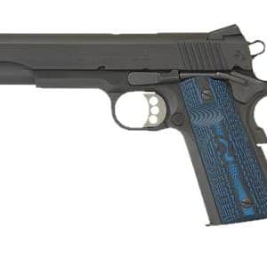 Semi-automatic pistol with a dark gray slide and blue textured grips, shown from the side.