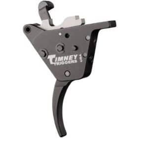 Timney Triggers rifle trigger assembly in dark metal with curved trigger lever