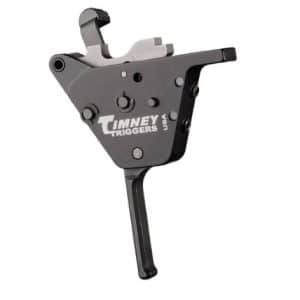 Timney Triggers firearm trigger assembly with lever, gray/black, designed for rifles.