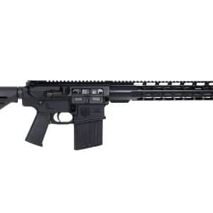 Black AR-style rifle laid horizontally with a long vented handguard, folding stock, and a 30‑round magazine visible against a white background.