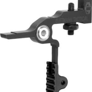 Close-up of an Elftmann Tactical AR-15 accessory with an adjustable sighting arm, screws, and a knurled vertical grip.