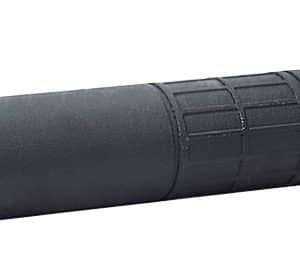 Black cylindrical device with a textured midsection and a small mounting piece at the right end.