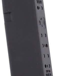 Black 9mm pistol magazine standing upright, with feed lips at the top and small markings along the side.