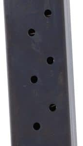 Detached pistol magazine shown upright with witness holes along its body and a flat baseplate at the bottom.