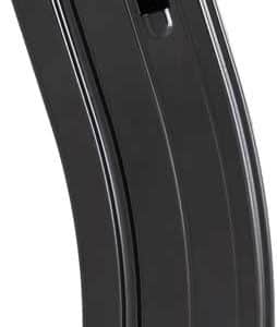 Curved black rifle magazine with feed lips at the top against a white background, standing upright.