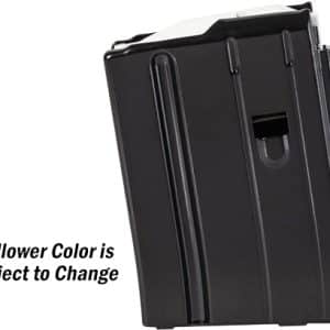 Black detachable rifle magazine tilted at an angle with a small caption: 'Follower Color is Subject to Change' in the lower left corner.