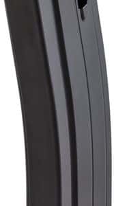 Black curved pistol magazine with visible feed lips at the top.