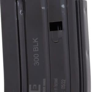 Black rifle magazine labeled 300 BLK, side view with top feed lips visible