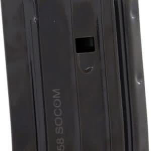 Black pistol magazine standing upright, used to hold and feed ammunition into a semi-automatic firearm.