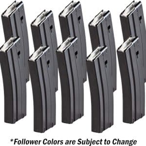 Ten black rifle magazines standing upright in a staggered grid for display on a white background.