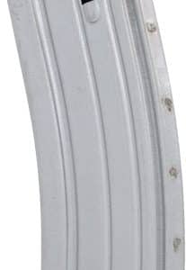 Curved metal rifle ammunition magazine viewed from the side with feed lips at the top